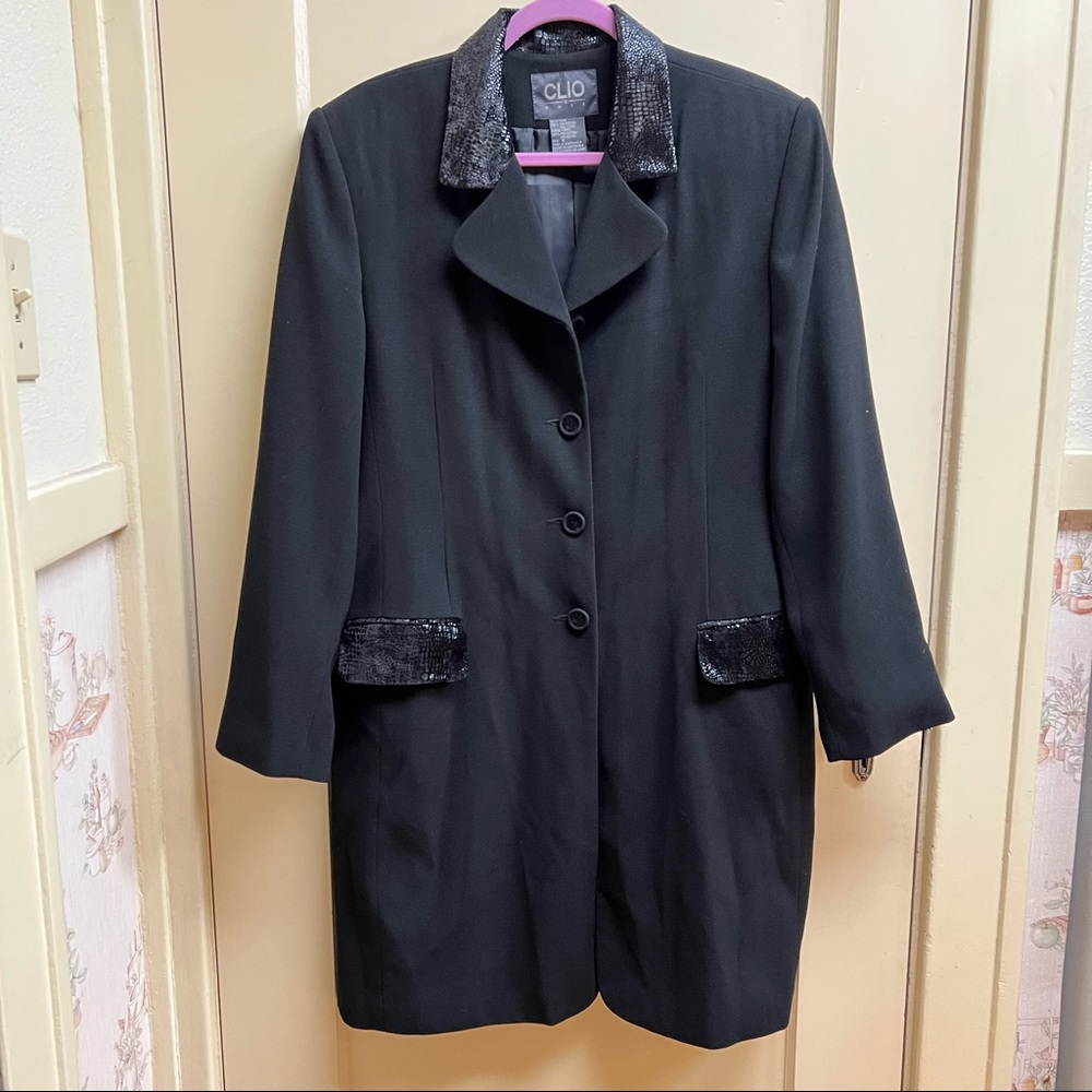 Clio Womens M City Coat w/ faux snakeskin trim overcoat Black